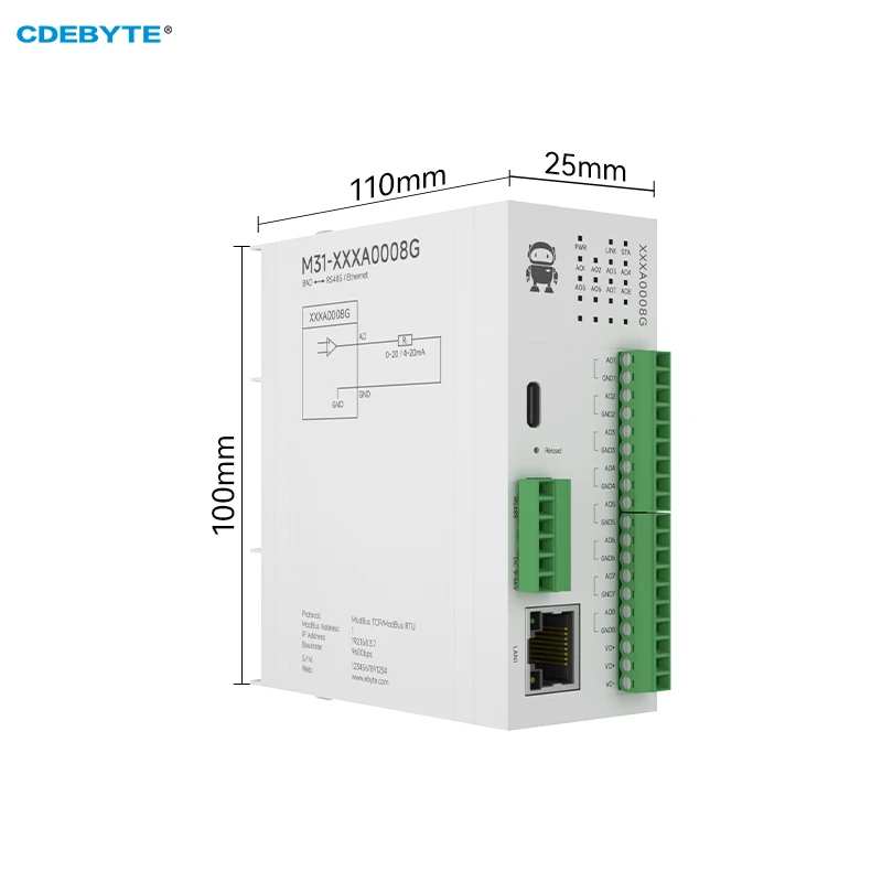 8AO Distributed Remote IO Module Host Module CDEBYTE M31-XXXA0008G Modbus TCP/RTU Analog Switch Acquisition LED Indicator