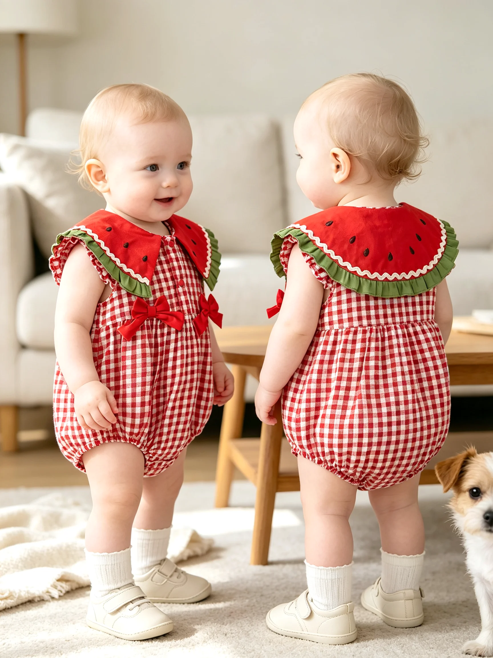Mädchen-Strampler mit Wassermelonenkragen und Schleife, rot-weiß kariert, ärmellos, niedlicher Baby-Strampler mit Fruchtprint für Sommerpicknicks – Detail 4