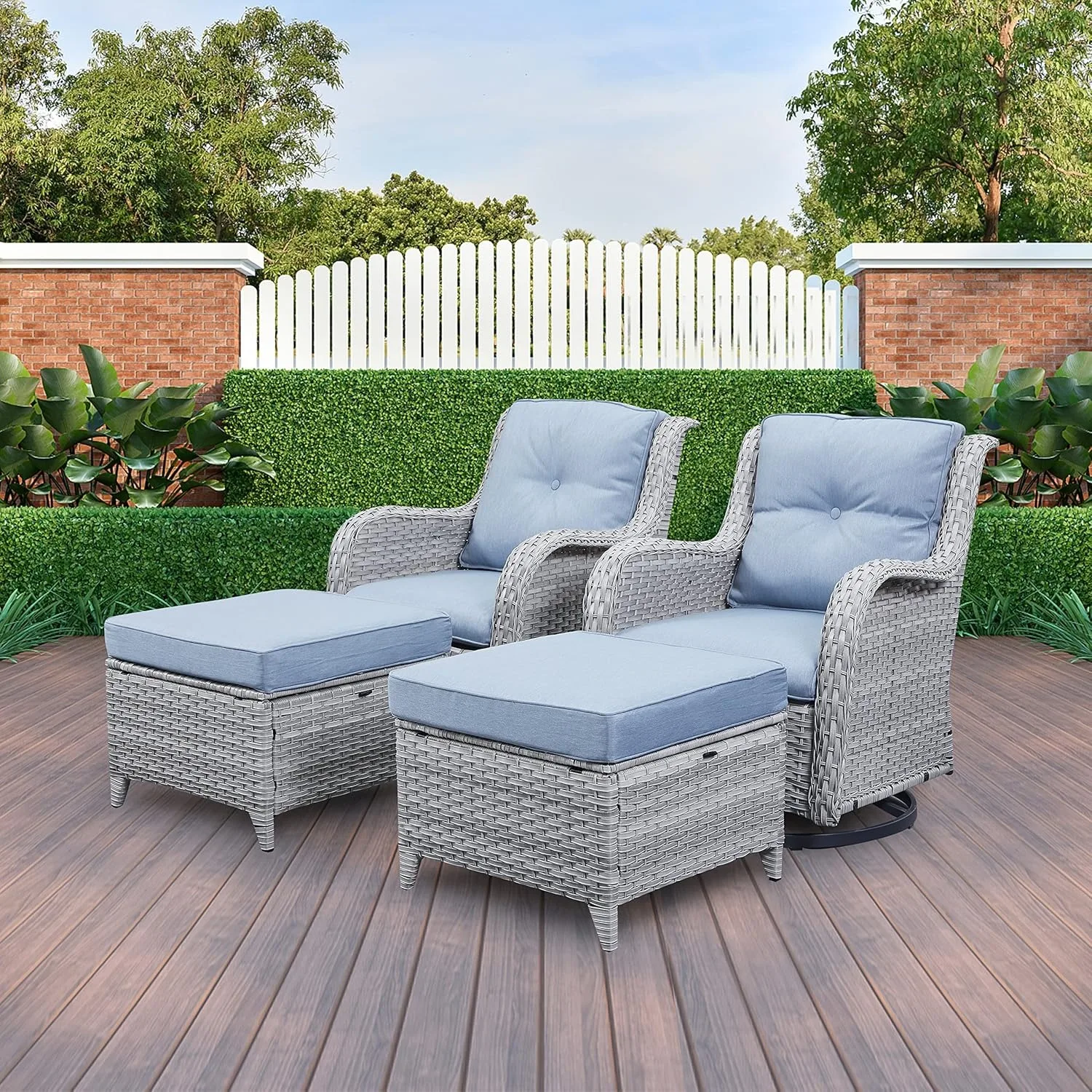 Wicker Patio Furniture Set - 6 Piece Patio Set w/Swivel Rocker Chairs, Loveseat Sofa, Ottomans & Coffee Table, Baby Blue Cushion