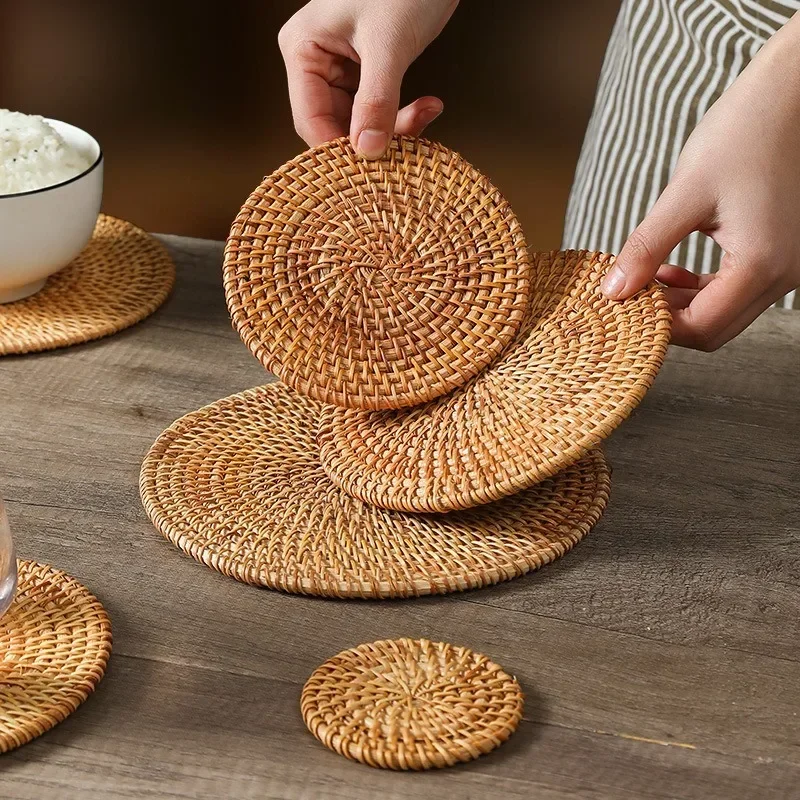 Natural Rattan Woven Teapot Coaster Holder Woven Tea Ceremony Creative Placemat Table Mat Bowl Mat Plate Mat Heat Insulation