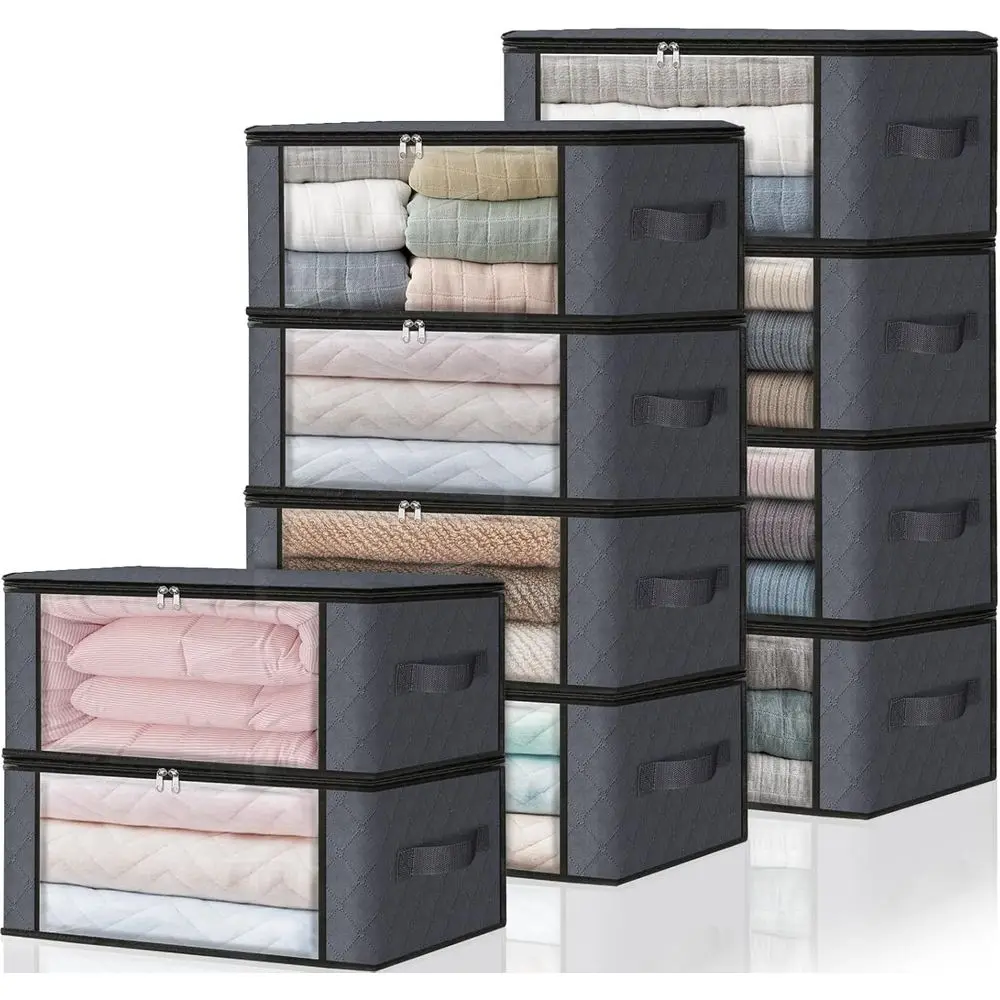 

10-Pack Clothes Organizer Storage Bags, Large Clear Window, Sturdy Handles, 35L, Grey