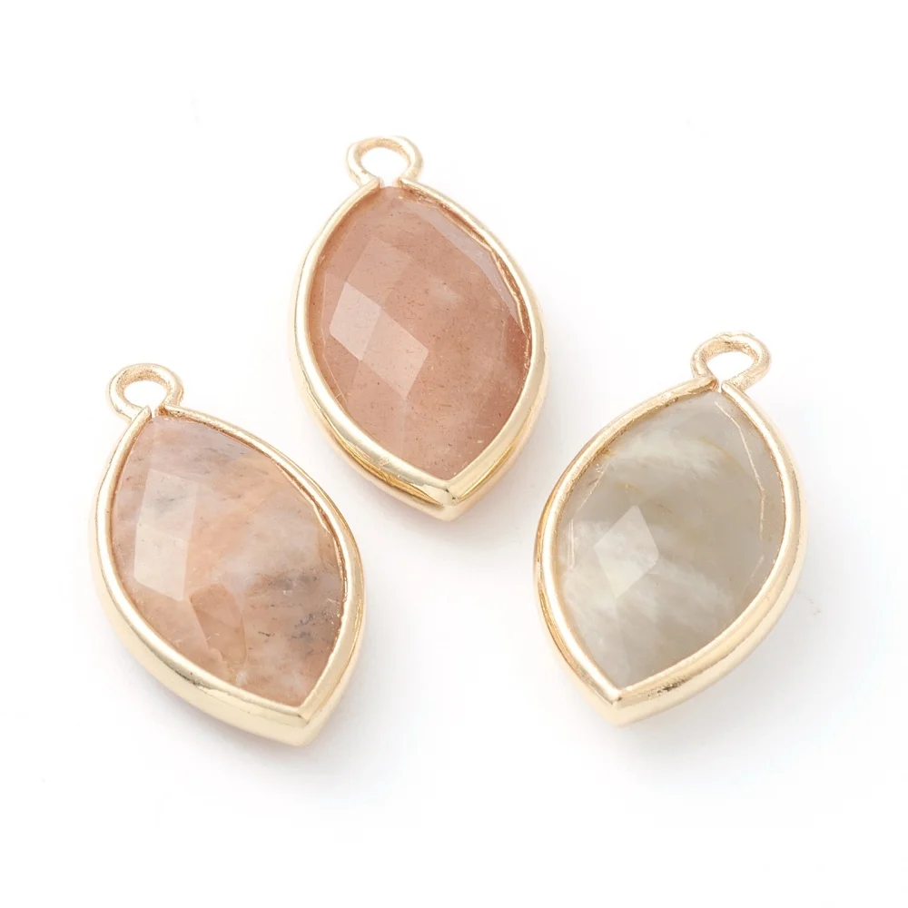 1Pcs Faceted Sunstone Pendants Horse Eye Pendant with Golden Brass Edge Faceted Stone Charms for Necklace Bracelet Jewelry