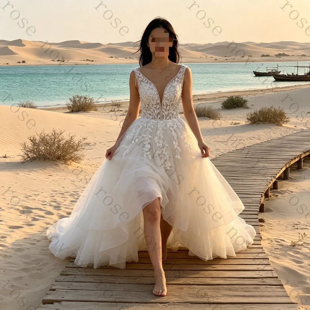 Customized Chiffon V-neck Sleeveless 3D Floral Lace Applique Ball Gown with Sparkling Wedding Dress for 2026 Church Ceremony