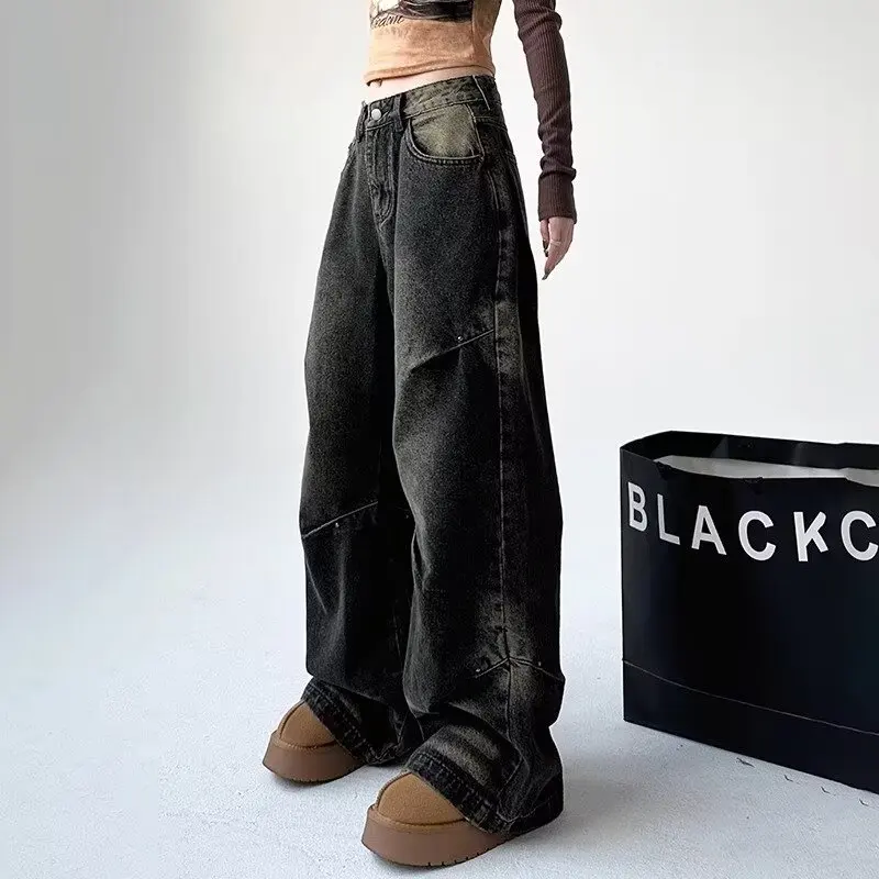 

Женская зимняя американская уличная одежда, модные свободные прямые брюки с принтом, шикарные потертые повседневные длинные брюки с широкими штанинами