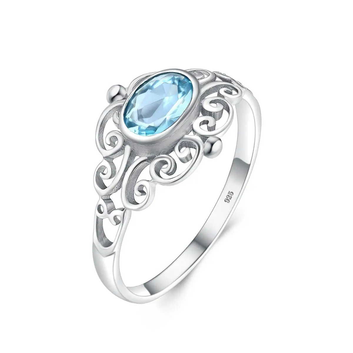 925 Sterling Silver Natural Aquamarine Ring Vintage Hollow Filigree Oval Cut Gemstone Ring for Women Fine Jewelry Engagement Gif