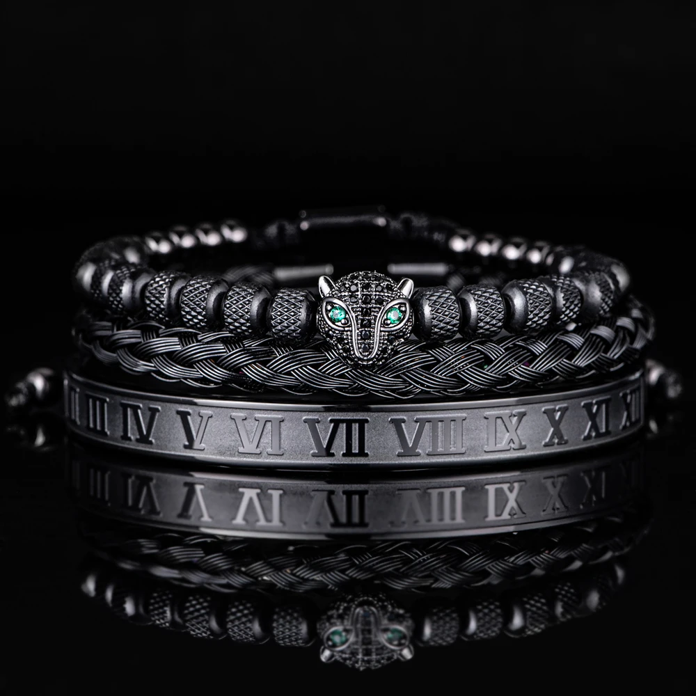 3pcs/set Classical Handmade Braiding Bracelet  Hip Hop Men Pave CZ Leopard Head Roman Numeral Bracelet Stainless Steel Jewelry