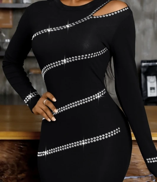 

Women's Rhinestone Cutout Mini Dress Long Sleeved Bodycon and Asymmetric Neck Party Dress