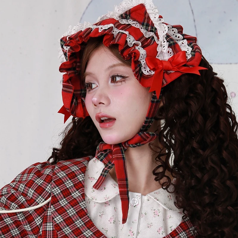 Sweet Lolita Girls Christmas Red Plaid Cat‑Ear Headband,Cute Decorative Hair Accessory for Festival Party Daily Cosplay Headwear