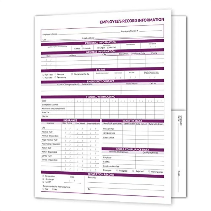 

Employee Record Folders. 25 Pack. Secure Discreet Employee Info Records Preprinted.