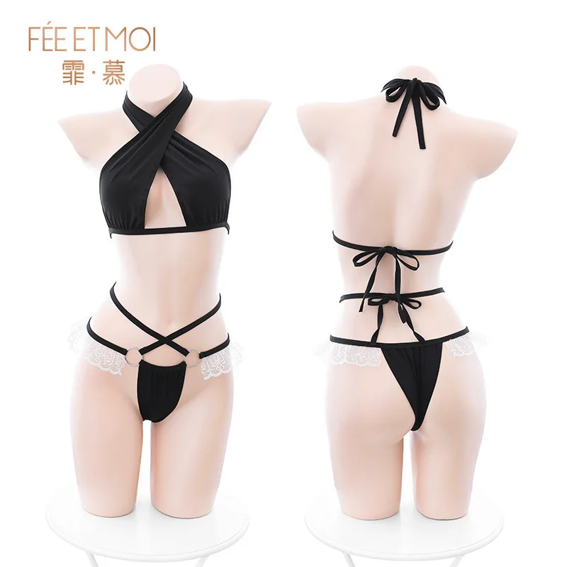 Japanese Cute Woman Lingerie Cross Lacing Three-point Underwear Hollow Out Bra and Panties Halter Neck Cute Fashion Temptation - Image 5