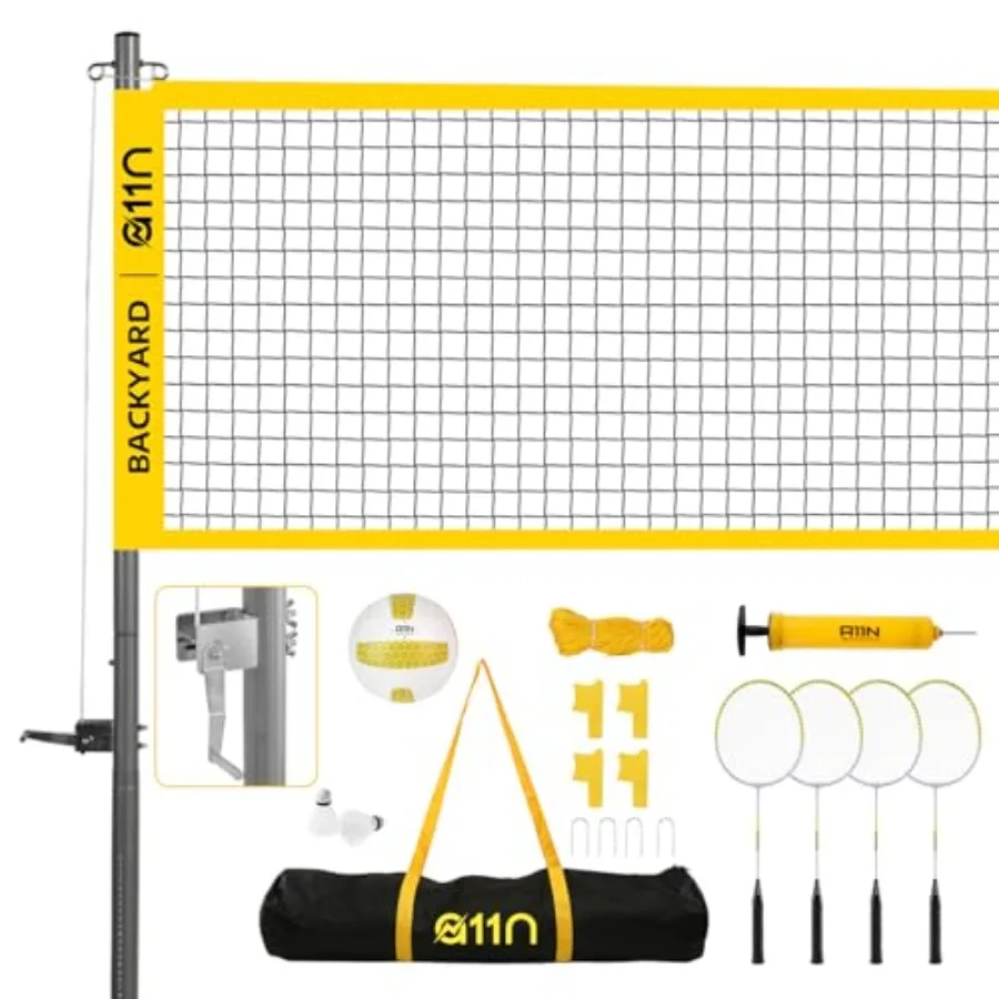 Outdoor Volleyball and Badminton Combo Set with Adjustable Height Net in Black and Yellow Includes Anti-Sag Design Air Pump 4 R