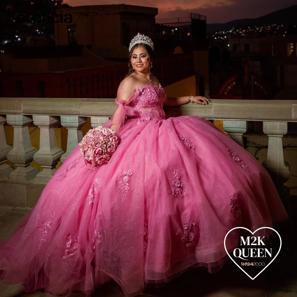 

Lorencia блестящее розовое платье Quinceanera бальное платье блестящее кружево аппликация бисером мексиканский корсет милое 16 Vestidos De 15 лет YQD956