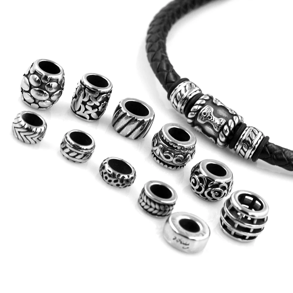 4pcs Stainless Steel Bead Spacer 6mm Hole Paracord Knife Lanyard Slider Beads Fit Leather Cord Bracelets Making Accessories