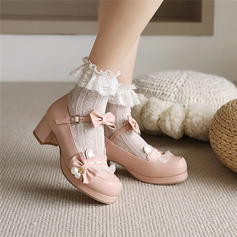 Plus Size 30-48 Lolita Mary Janes Girls Shoes Sweet Bowknot Women Thick High Heel Shoes Cosplay Party Dress Princess Shoes