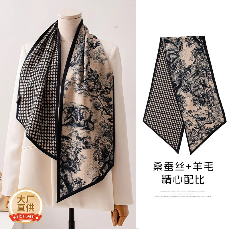 Wool Double-Layer Different Color Angle Ribbon Warm Scarf National Style Houndstooth Printed All-Matching Bag Decoration Towel