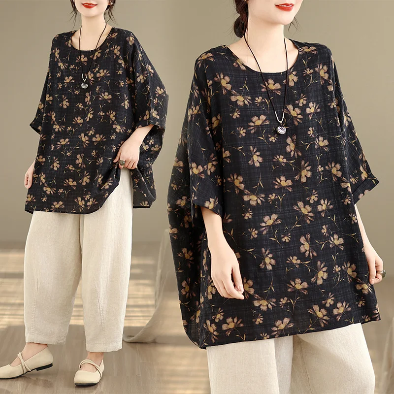 

Women T Shirts Tops Print Tees Oversize Batwing Sleeves Round Neck Slight Strech Loose Fit Casual Streetwear 2026 Spring Summer