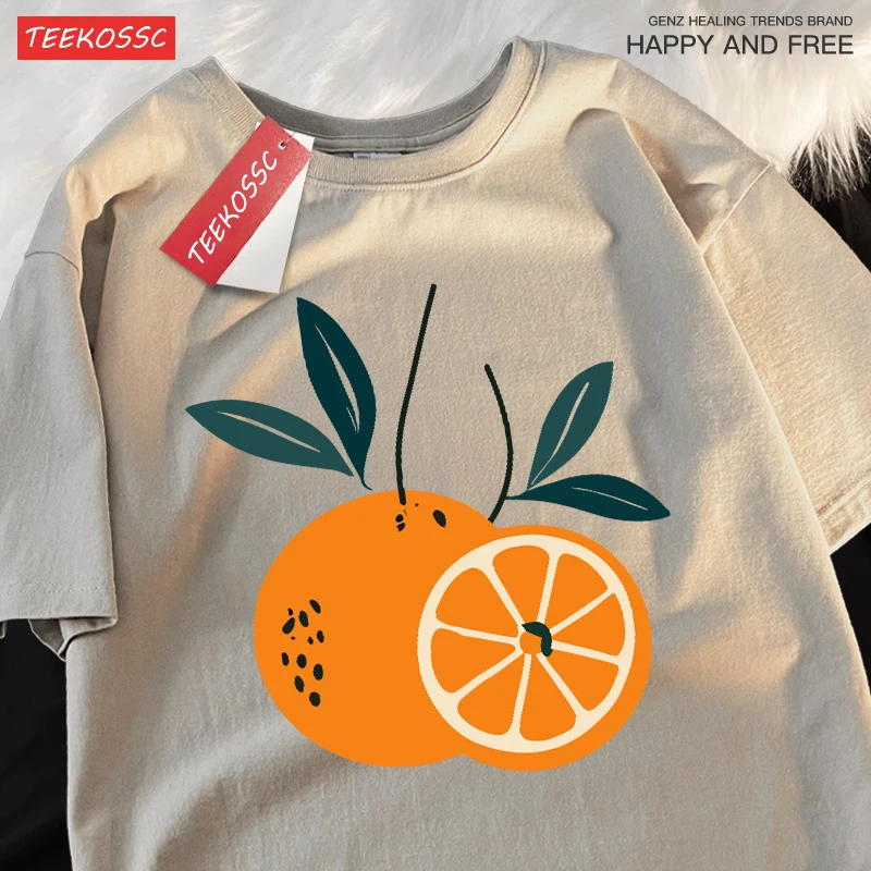 맛있는 오렌지 패턴 프린트 Y2K 멋진 여성 티셔츠 오버사이즈 코튼 티셔츠 트렌디 여름 스포츠웨어 스트리트 스포츠 의류