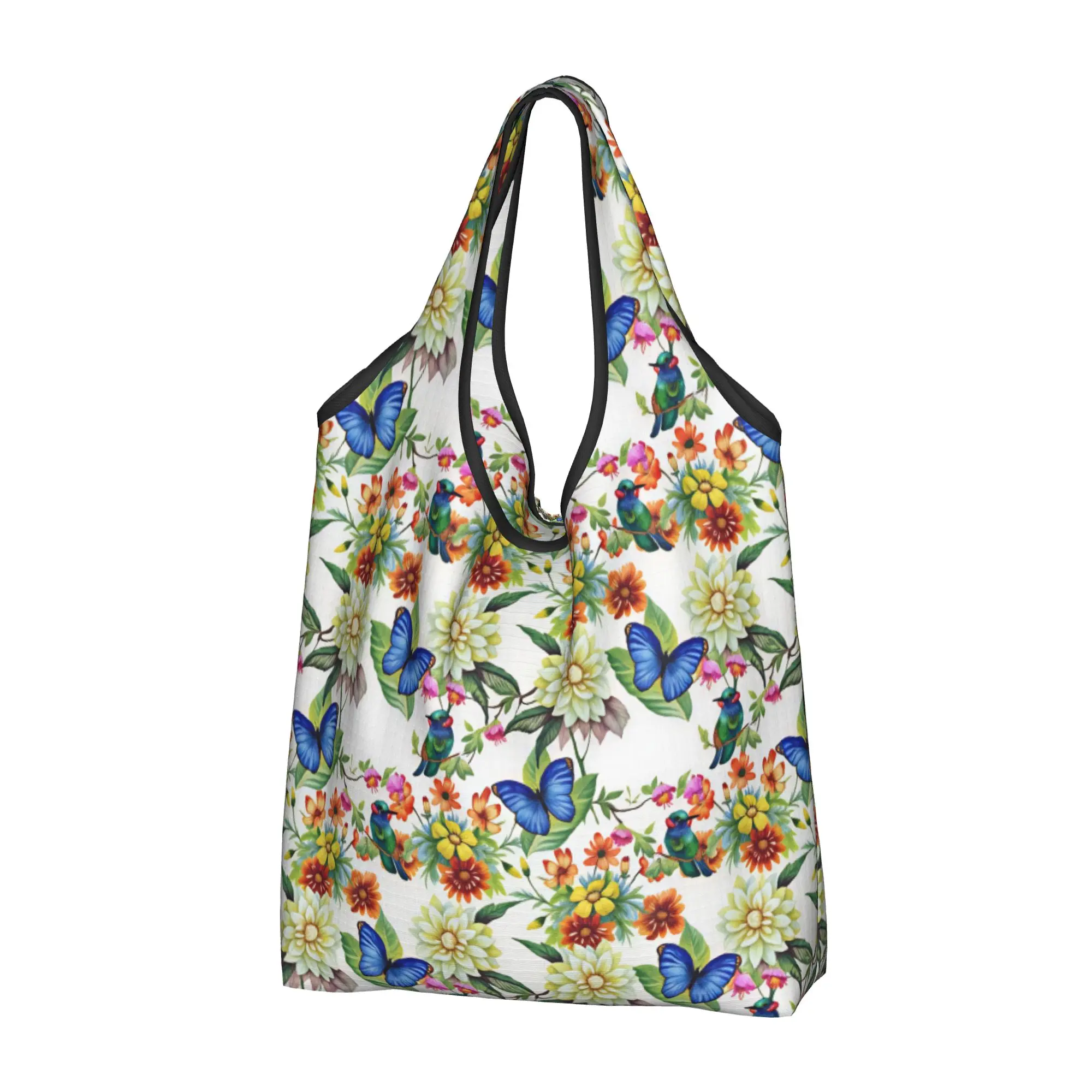 High Watercolor Birds And Plant Flowers Groceries Shopping Bags Fashion Shopper Tote Shoulder Bag Big Capacity Portable  Handbag