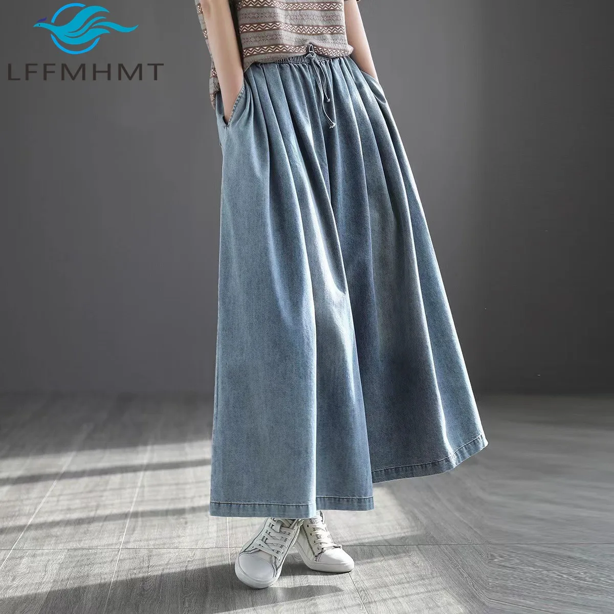 Wide Leg Denim Pants Women's Spring Summer Fashion Elastic Waist Solid Color Simple Loose Casual Jeans Female Soft Cozy Trouser
