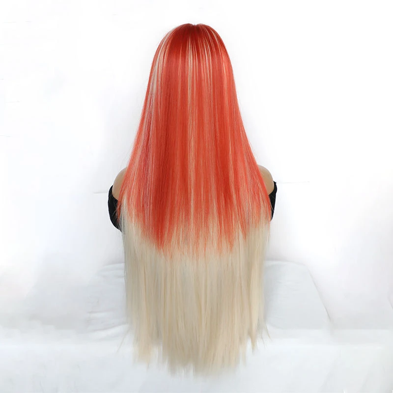 Subculture wig women gradient orange-gold ear-hanging ultra-long straight hair with bangs realistic imitation human h