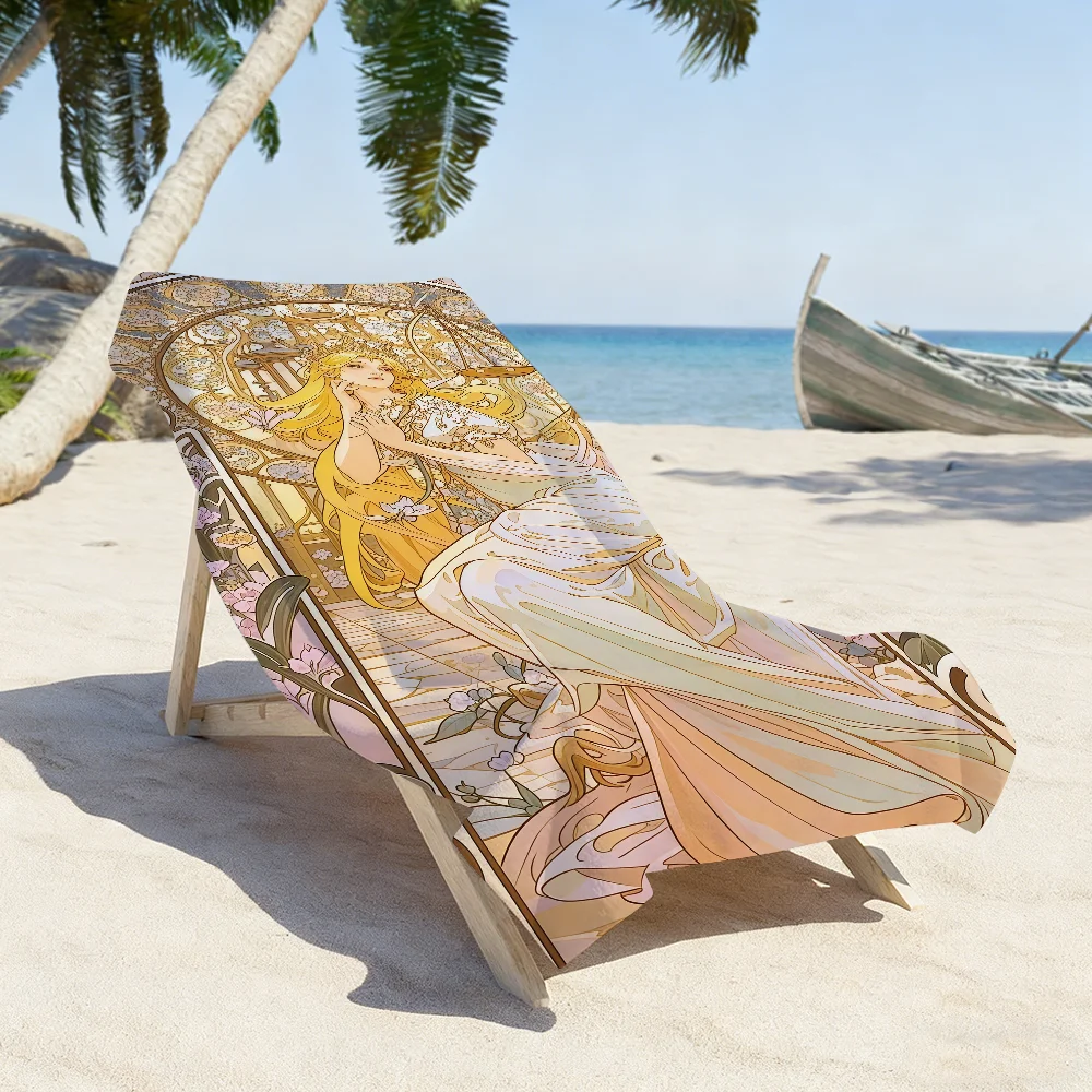 Art Alphonse Mucha Aesthetic Towel Sports Quick Dry Travel Camping Gear Sandproof Soft Light Large Beach Towel