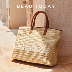 BEAUTODAY Casual Tote borse di paglia da donna tinta unita decorazione lettera vacanza all'aperto borsa a secchiello da spiaggia 2023 grande capacità 62061