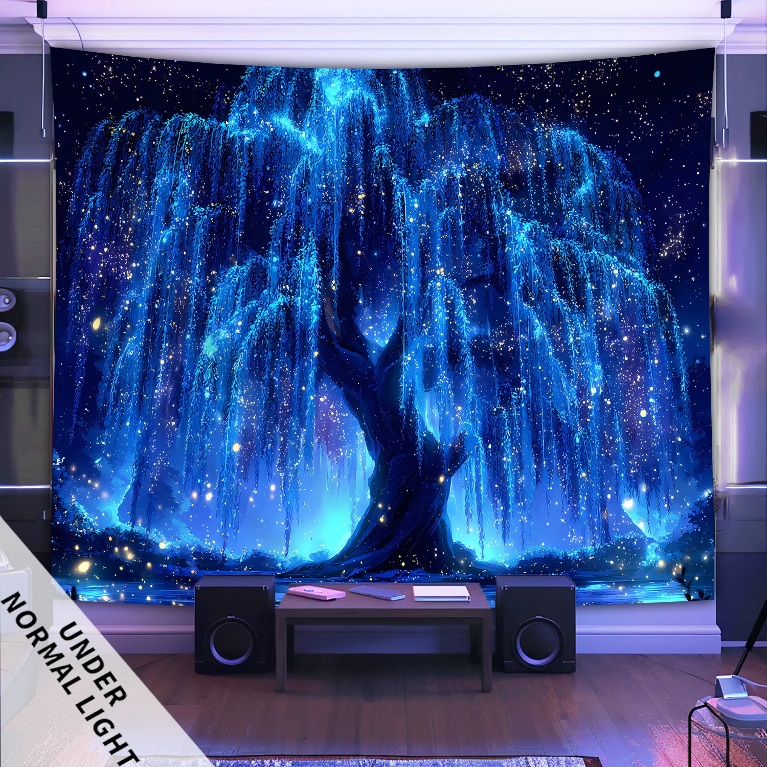 VIKAMA Magical Blue Glowing Weeping Willow Tapestry Galaxy Night Sky Wall Hanging for Bedroom Aesthetic Decor