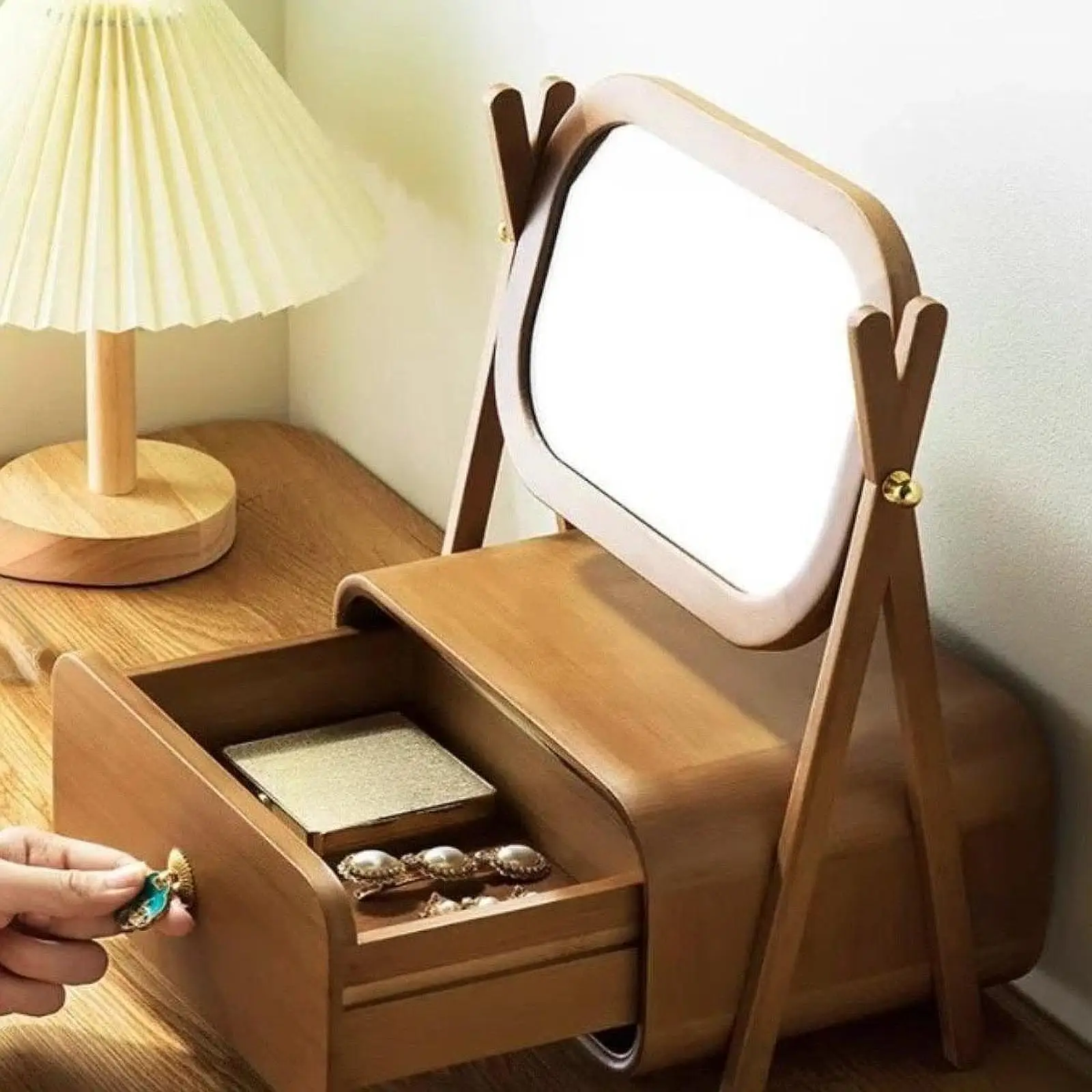 

Wooden Jewelry Box with Mirror Trinket Box Container Case with Drawer Wood Storage Box for Women Dressing Table Bedroom Dorm