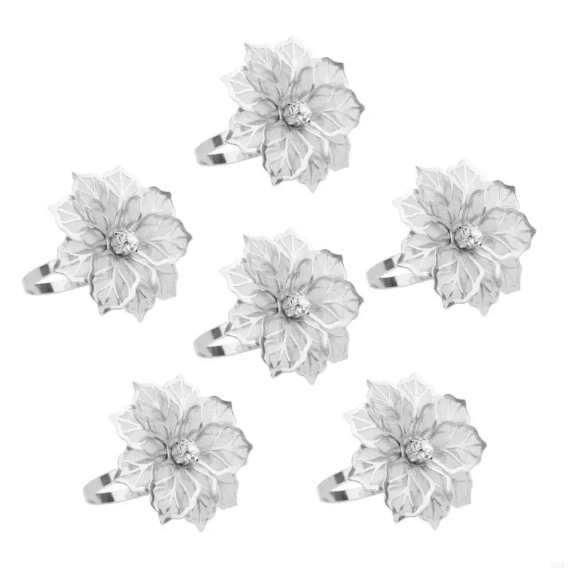 92MF 6pcs Elegant Napkin Rings with Intricate Flower Pattern Napkin Holders for Weddings Banquets and Seasonal Celebration