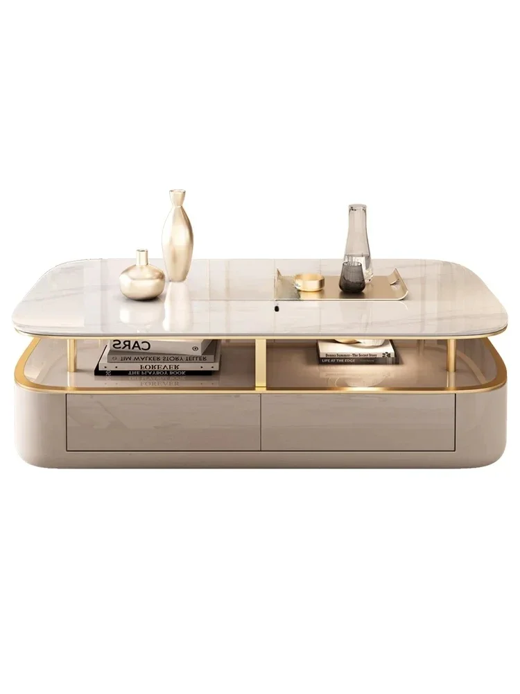 

Light Luxury Minimalist Stone Plate Coffee Table Double-Layer Strip Tea Table Modern Living Room Home Coffee Table