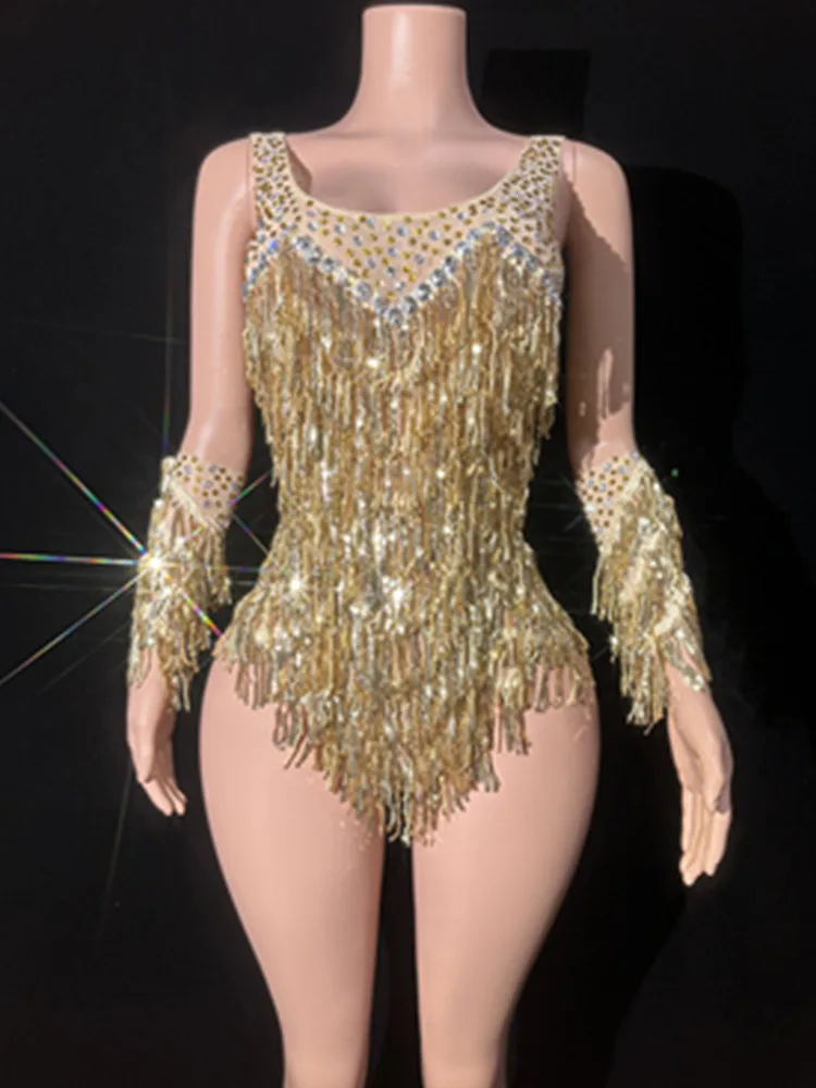 Sparkly strass frange oro body donna discoteca vestito da ballo luccicante nappa un pezzo Stage Wear Singer Dress Sleeves