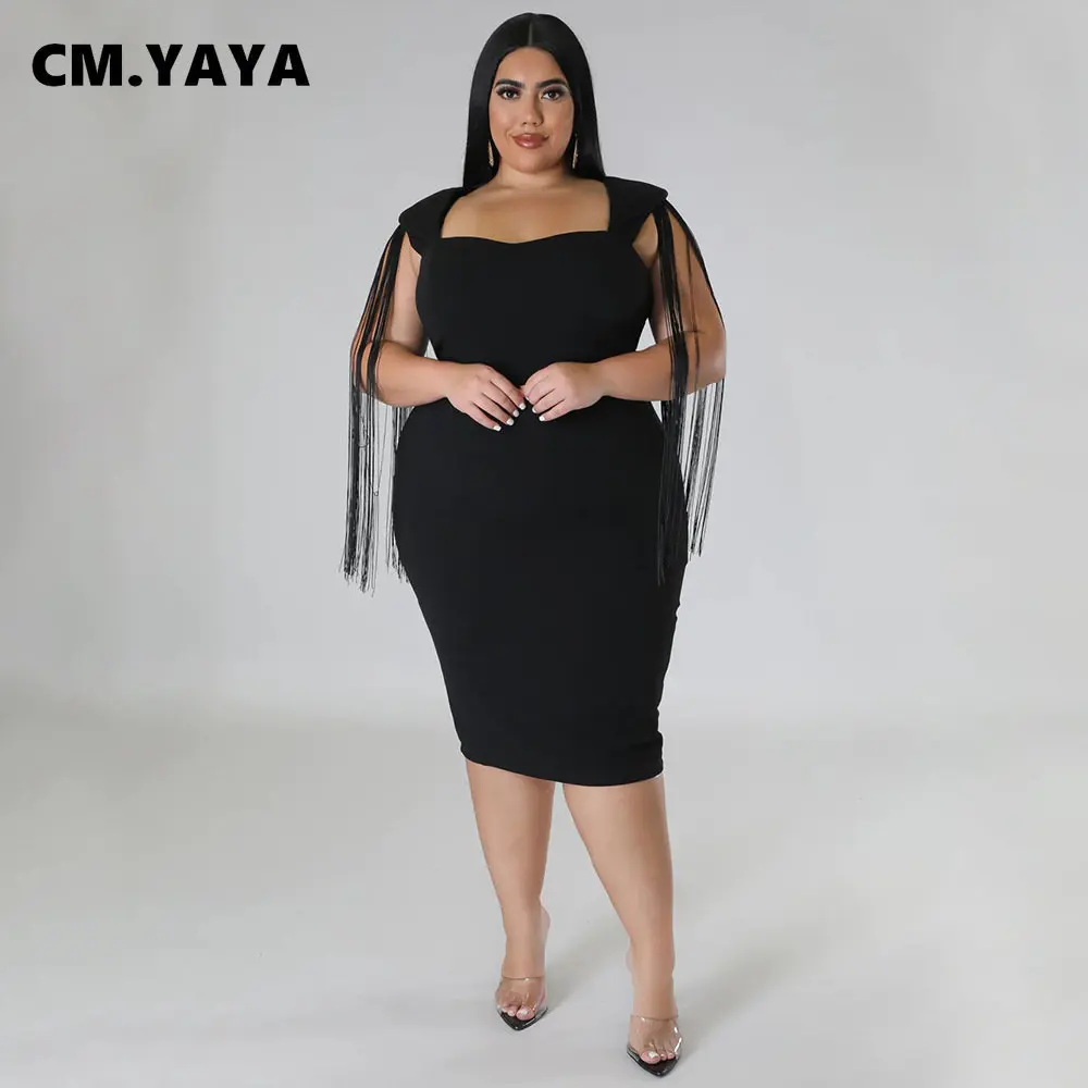 CM.YAYA Plus Size Women Tassle Shoulder Sleeveless Bodycon Midi Dress 2023 Fashion INS Curve Sexy Party Club Dresses Vestidos