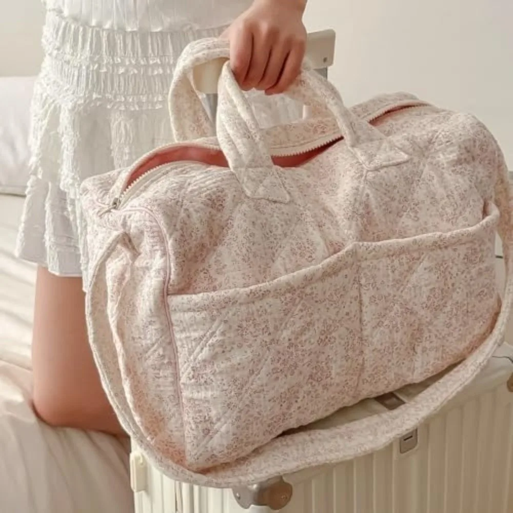 Floral Print Travel Hand Bag Large Capacity Multi-Pockets Cotton Duffle Bag Fabric Quilted Quilted Travel Bag School Use