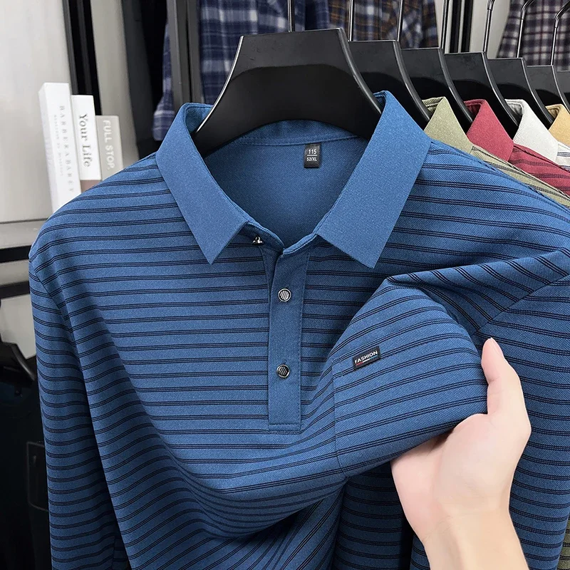 

Original Brand Men's Polo Shirt Lapel Long Sleeve T-Shirt Autumn New Striped Pocket Fashion Business Classic Versatile Menswear