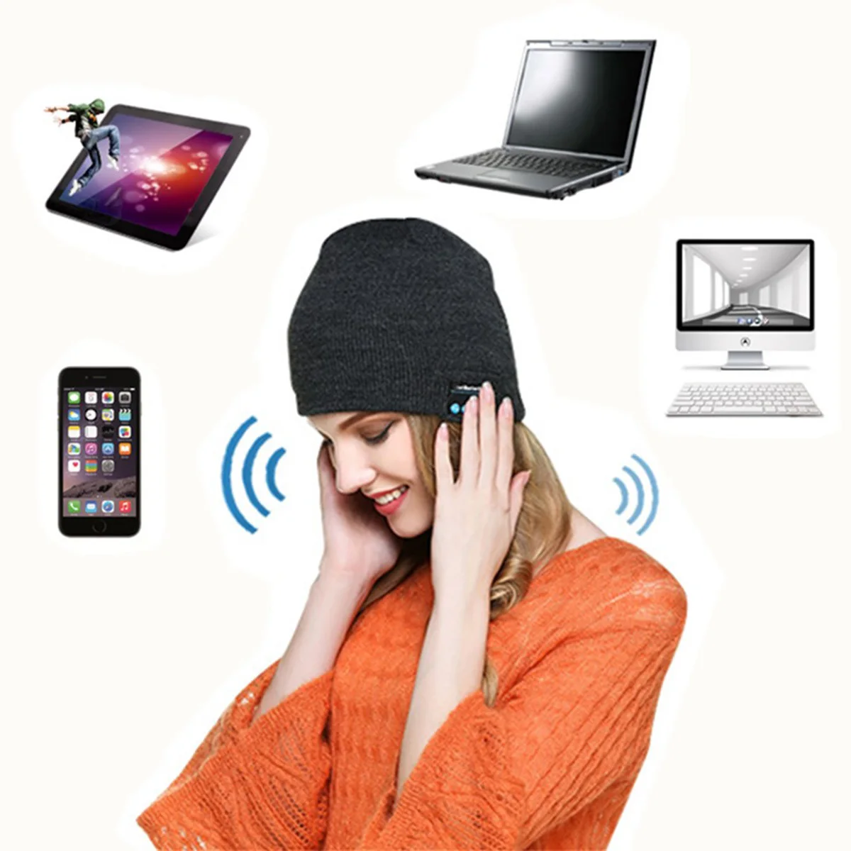 

Music Knitted .2 10M Wireless Range Built-In Mic Hands-Free Dark Grey Elastic Acrylic Beanie For Outdoor