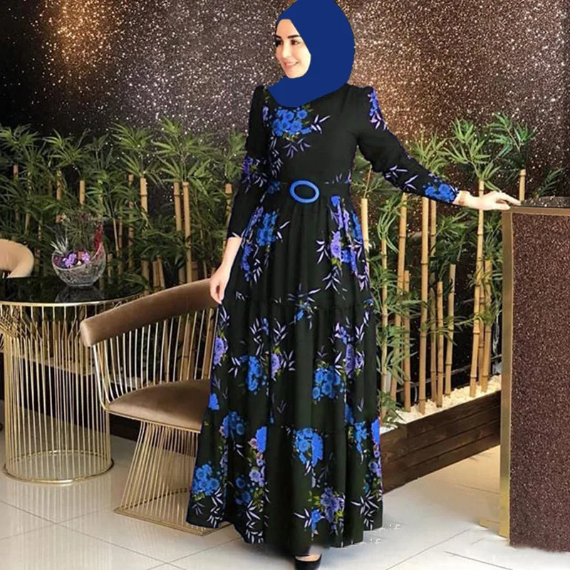 Middle East Muslim Vintage Print Women Dresses Turkey Dubai New O-Neck Ladies Robe Islam Arab Casual Loose Female Caftans