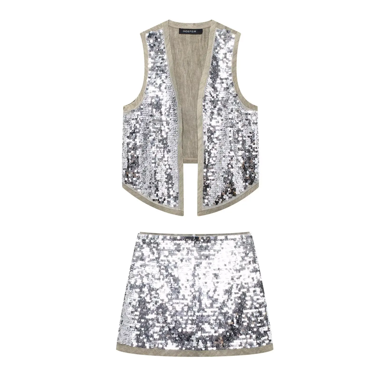 TRAFZA Causal Gray Sequined Women Vest Suits V Neck Sleeveless Vest+High Waist Sheath Mini SKirts Fashion 2024 Party Suits