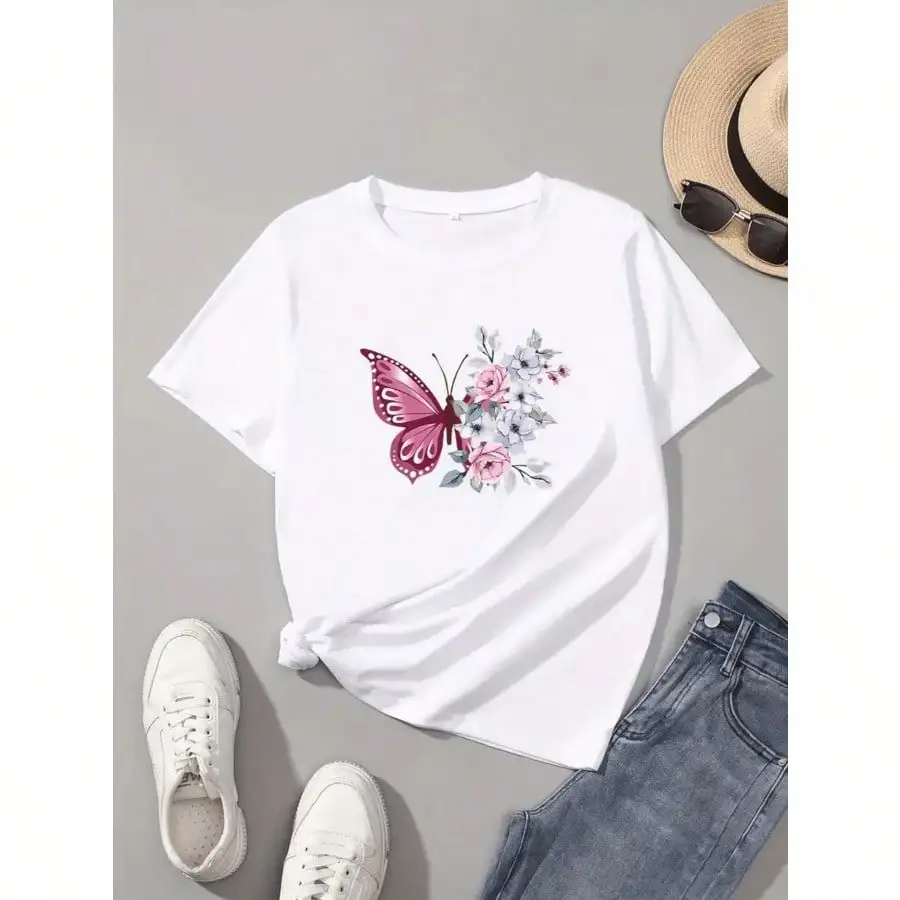 

Butterflies And Flowers180G Women'S Pure Casual Round Neck T-Shirt, Spring And Summer Women'S Casual Short Sleeved Shirt