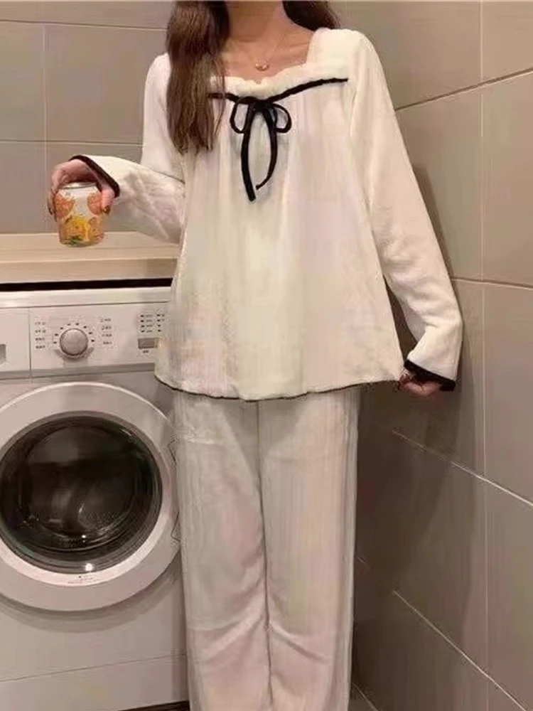 Women's Winter Sleepwear Long Sleeve Coral Fleece Home Clothes Set with Knot Soft Plush Comfortable plus Size Pajamas 5