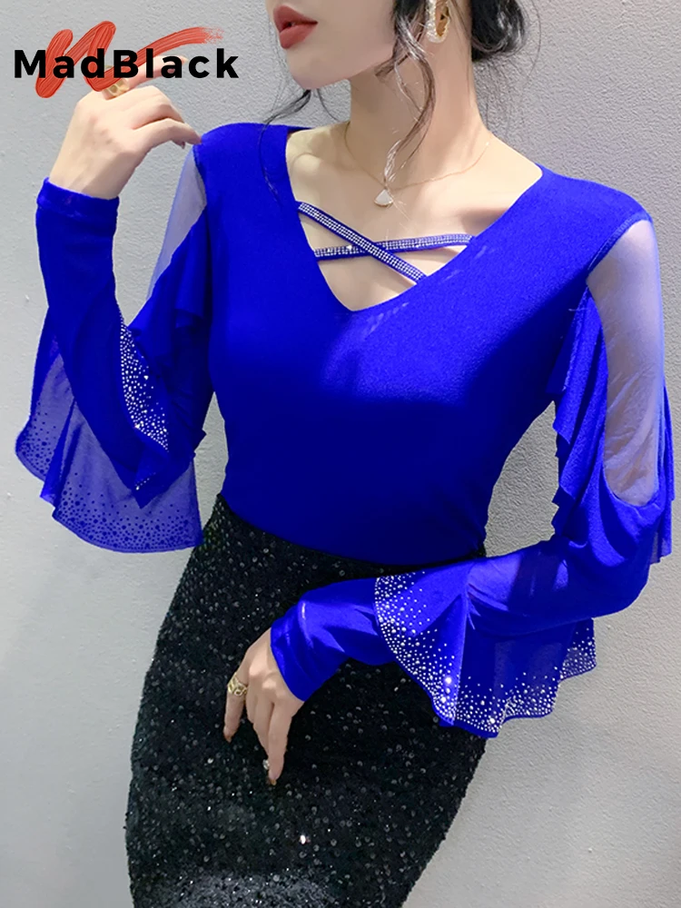 

MadBlack European Clothes Tshirt Women V Necks Ruffled Hot Drill Slim Mesh Tops Long Sleeve Tee Spring Autumn New 2024 T41627JC