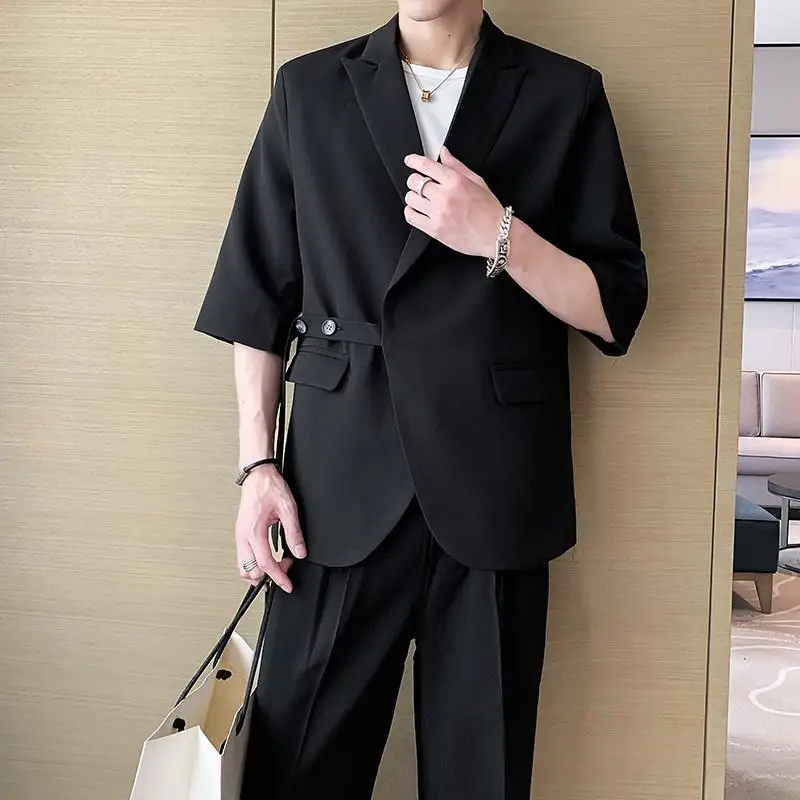 2-A1 Fragrant style suit men\'s summer Internet celebrity loose half-sleeved lacetrendy handsome suit with wide-leg trouser