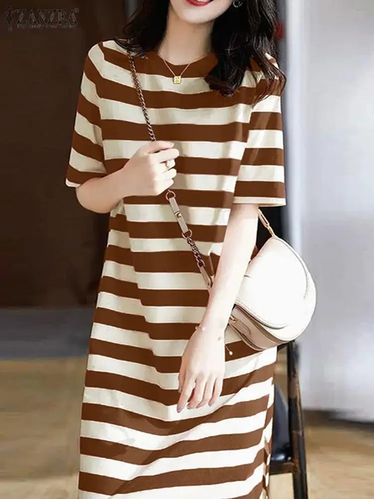 ZANZEA Korean Fashion Striped T-shirt Dress Women Summer 2024 Casual Loose Knee-length Vestidos Elegant O Neck Half Sleeve Robes