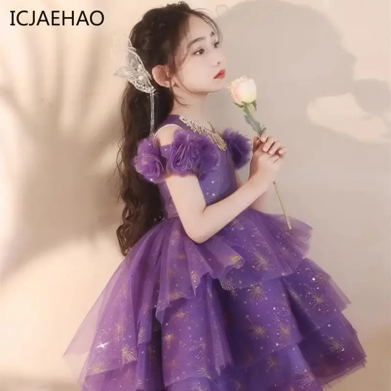 2025 Purple Tailing Girl  Elegant Princes Dresses Luxury High Grade Clothing Tulle Layered Cake for Children Outfit