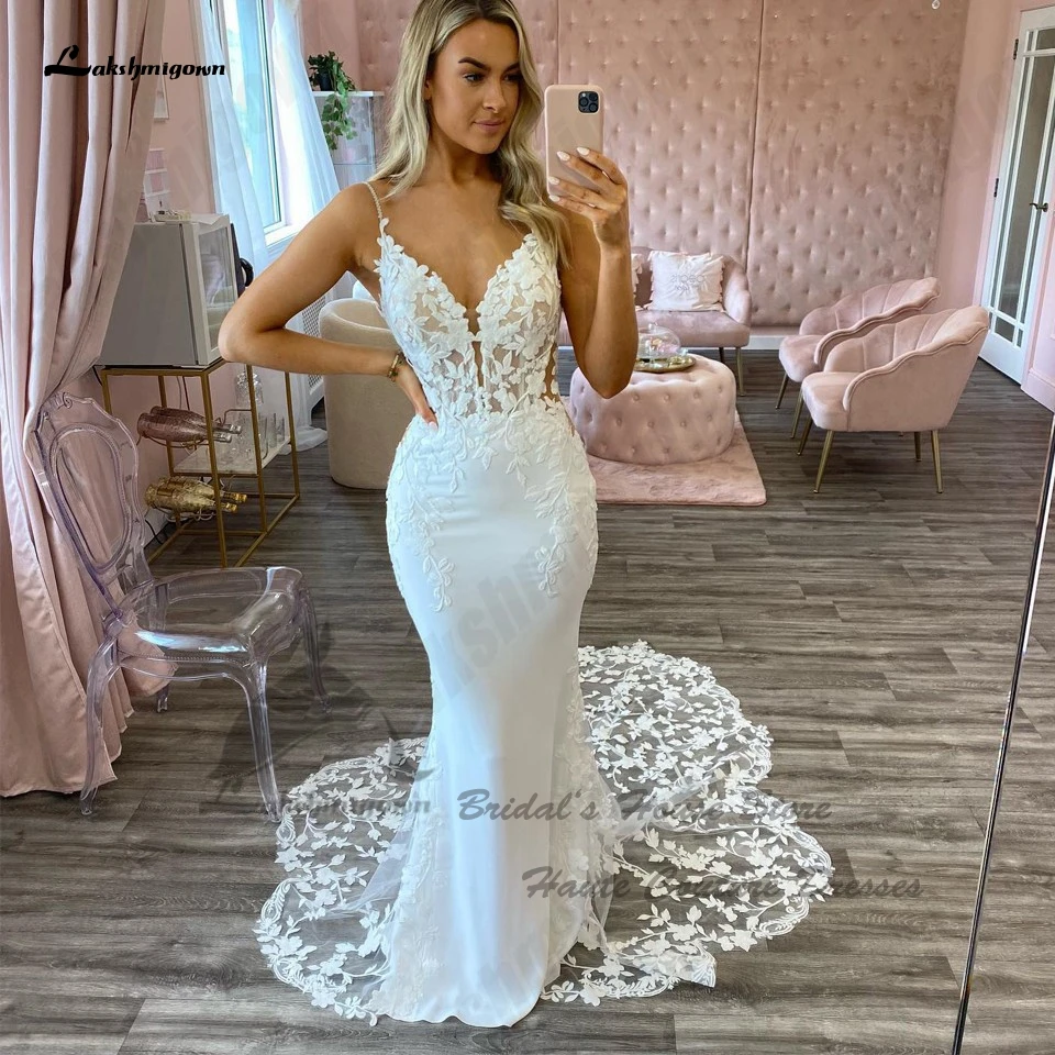 Lakshmigown Luxuriöse Meerjungfrauen-Hochzeitskleider Robe De Mariage 2026 Maßgeschneiderte Spitzen-Brautkleider Rückenfrei mit Spaghettiträgern – Detail 3