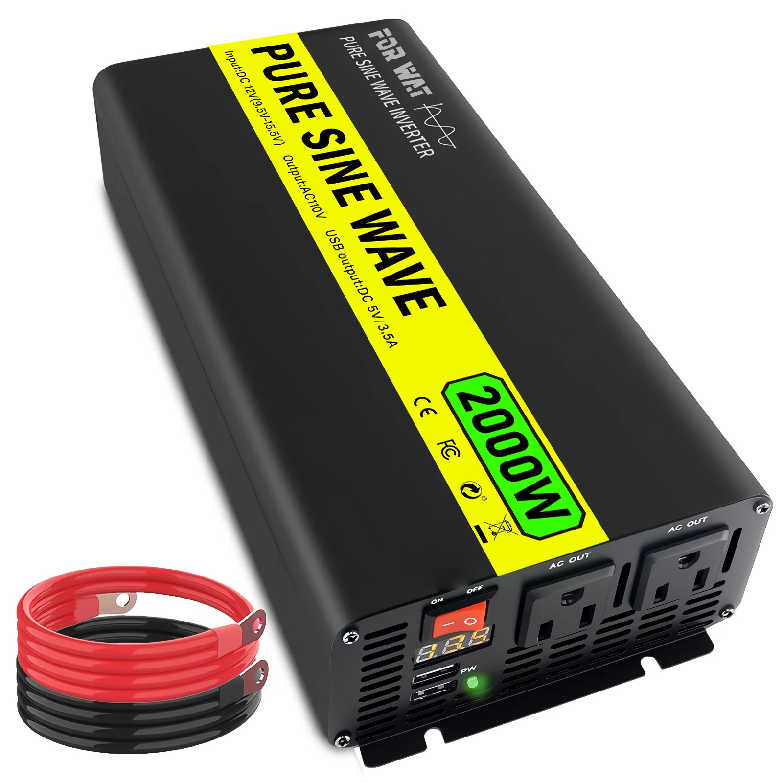 

2000W Pure sine wave inverter, DC 12V inverter to 110V/120V AC, 2 AC sockets LED display 3.5A USB port