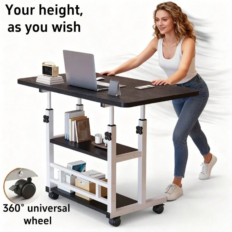 (Office Computer Desk)Adjustable Height Rolling Table With Wheels - Heavy-Duty Folding Desk, Storage Shelf & Wood/Metal Frame, Space-Saving Mobile Workstation For Office, Bedside, Dorm, Small Spaces - Easy Assembly (No Tools), White/Mixed Color
