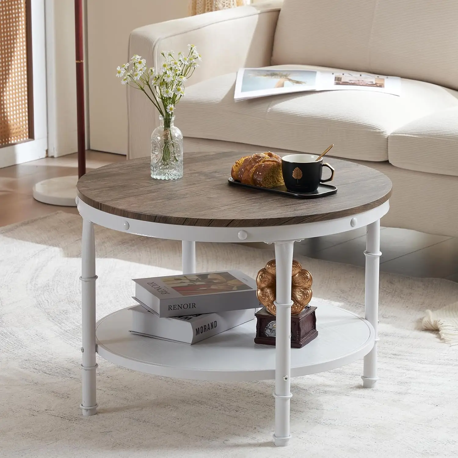 VENGLI-Round Farmhouse Coffee Table, noz escura, madeira de armazenamento de 2 camadas, Center Circle Accent Table para sala de estar, 25,6"