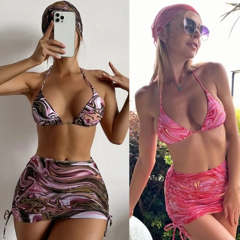 4 kawałki strój kąpielowy kwiatowy nadruk Halter Bikini-Set kostiumy kąpielowe Sexy zasznurować strój kąpielowy z plaży spódnica chustka dla kobiet