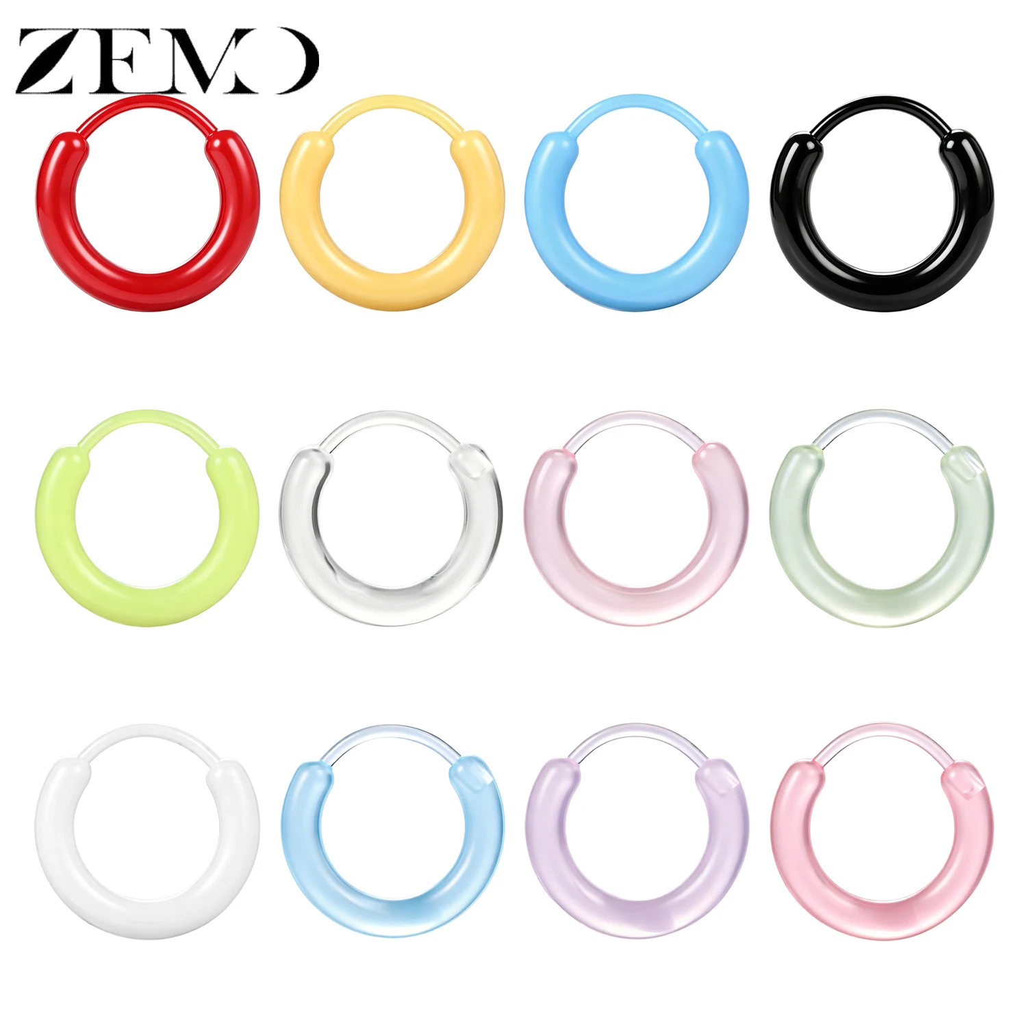 ZEMO 1Pair 18G Colorful Resin Hoop Earring For Women Girls Round Circle Lightweight Earring Ear Buckle Nose Piercing Jewelry 9MM