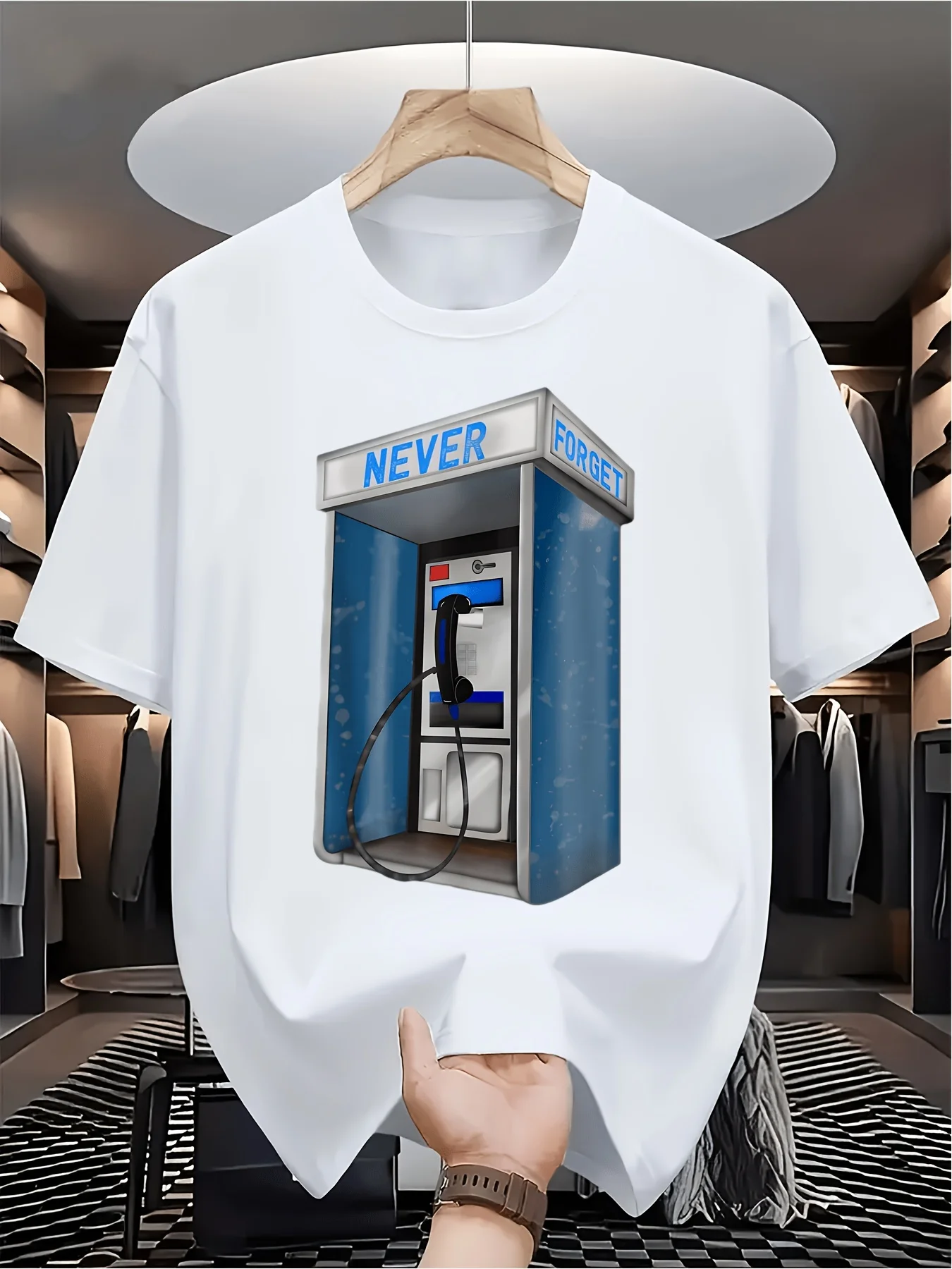 Never Forget Phone Booth Graphic Vintage Men'S T-Shirt Casual Tshirts O-neck short-sleeved Tops Tee Streetwear Oversized TShirts